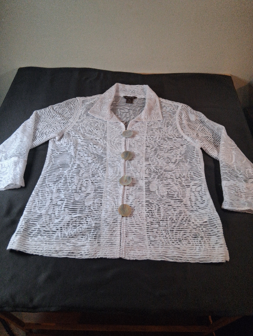 Lightweight White Open-Knit Button Front Jacket